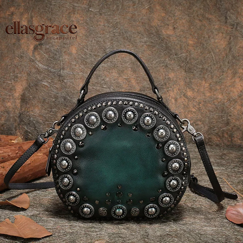 Ellasgraceapparel New Original Design Handmade Studded Round Tote Bag