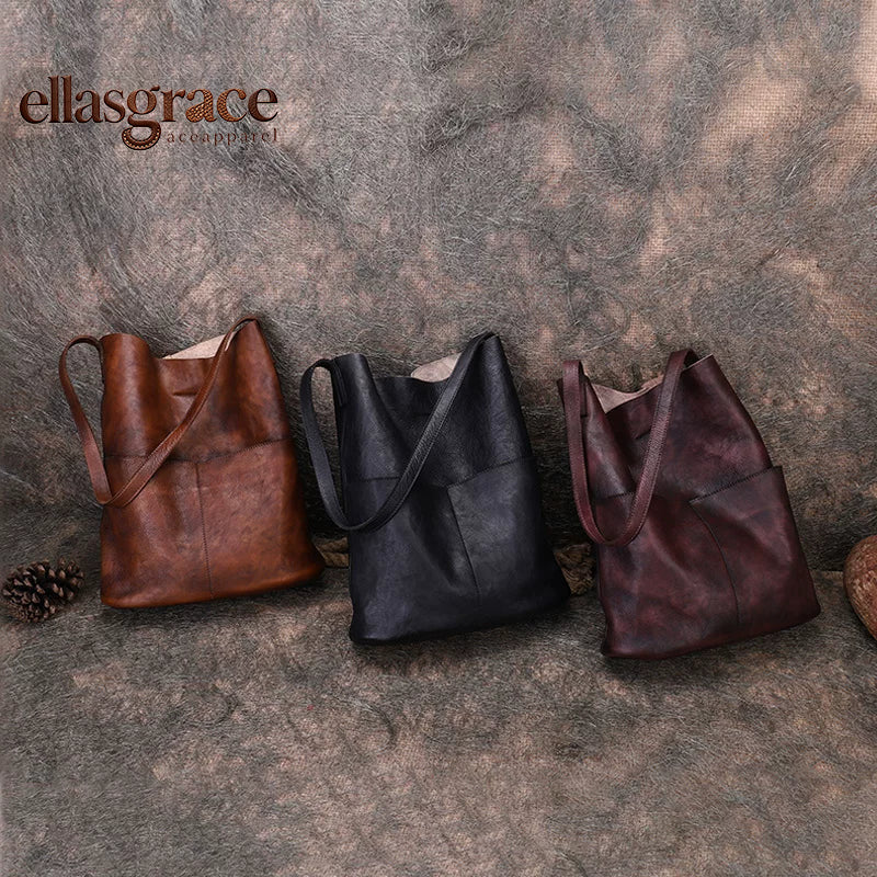 Ellasgraceapparel Full-Grain Leather Large-Capacity Shoulder Tote Bag