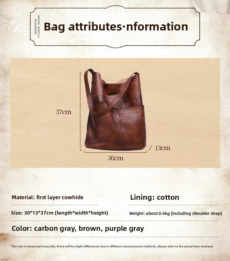 Ellasgraceapparel Full-Grain Leather Large-Capacity Shoulder Tote Bag
