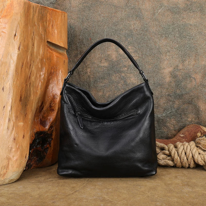 Ellasgraceapparel Large-Capacity Top-Grain Leather Bucket Bag