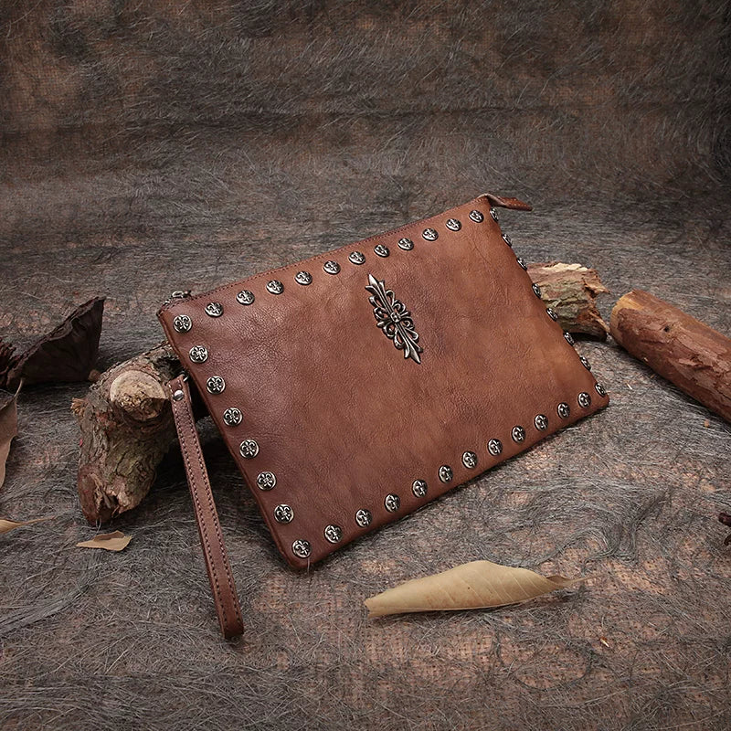 Ellasgraceapparel Handcrafted Top-Grain Leather Studded Envelope Clutch