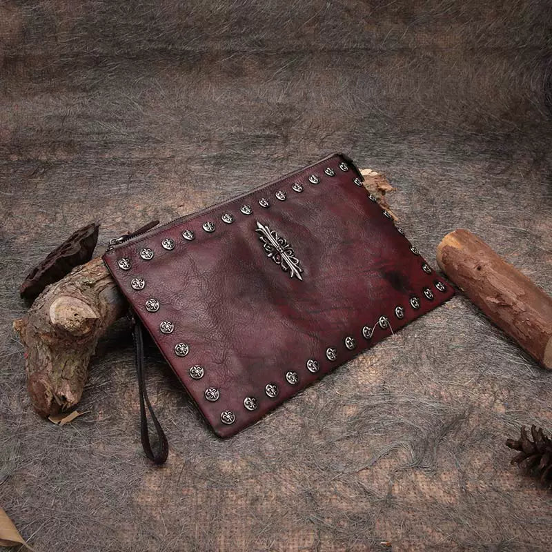 Ellasgraceapparel Handcrafted Top-Grain Leather Studded Envelope Clutch