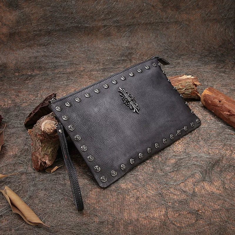 Ellasgraceapparel Handcrafted Top-Grain Leather Studded Envelope Clutch